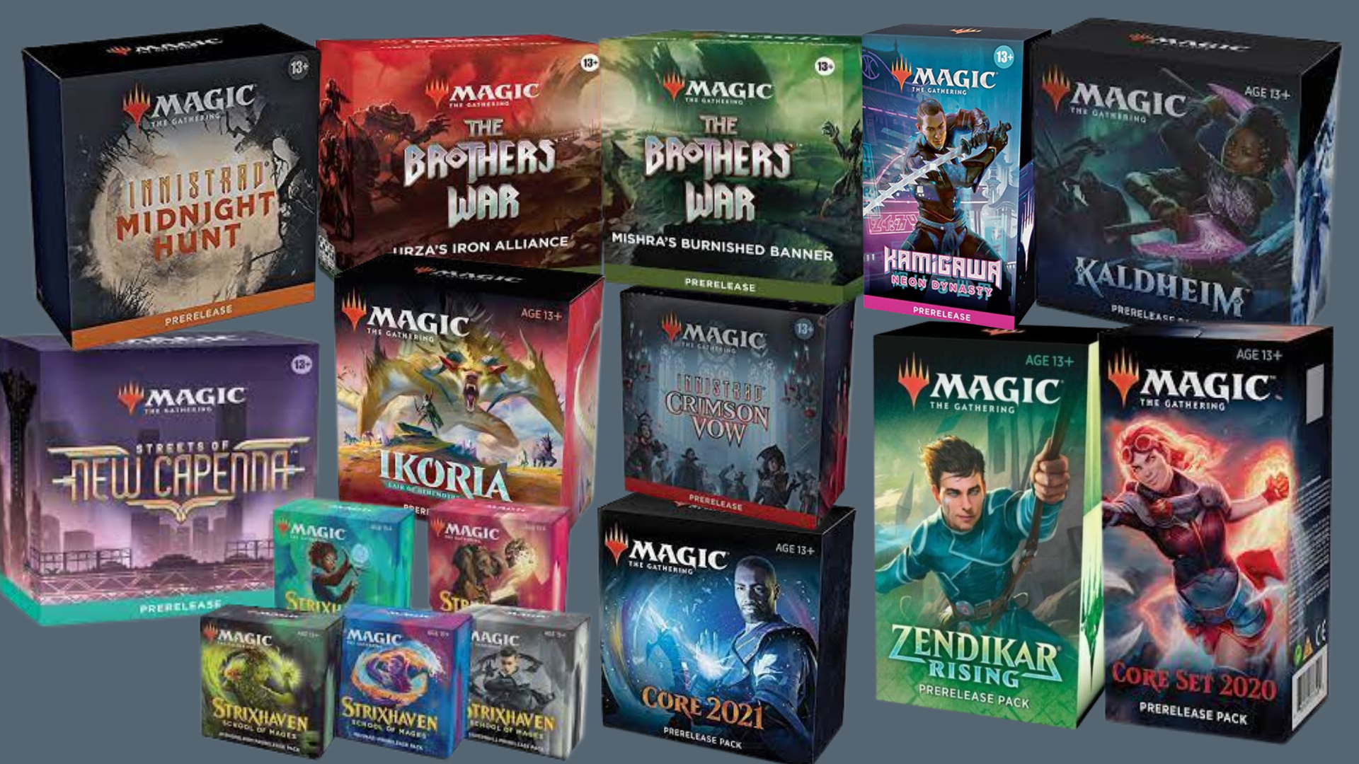 A variety of Magic: the Gathering prerelease kits including Innistrad Crimson Vow and Midnight Hunt, Zendikar Rising, The Brothers' War, Streets of New Capenna, Kamigawa Neon Dynasty, Strixhaven, Ikoria, Core 2021, Kaldheim, and more