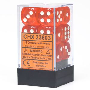 d6 Cube 16mm Translucent Orange with White (12)