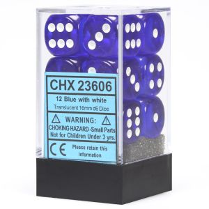 d6 Cube 16mm Translucent Blue with White (12)