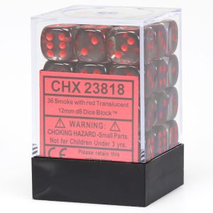 d6 Cube 12mm Translucent Smoke with Red (36)