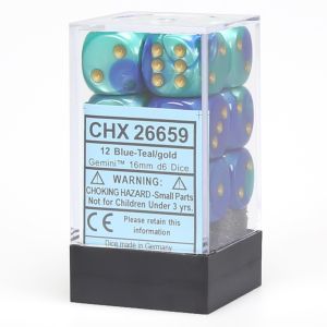 d6 Cube 16mm Gemini Blue and Teal with Gold (12)