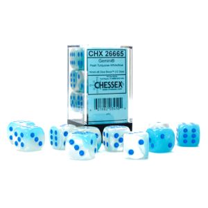 d6 Cube 16mm Gemini Luminary Gpearl Turquoise-White with Blue (12)