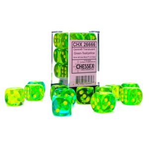 d6 Cube 16mm Gemini Translucent Green-Teal with yellow (12)