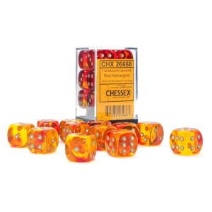 d6 Cube 16mm Gemini Translucent Red-Yellow with Gold (12)