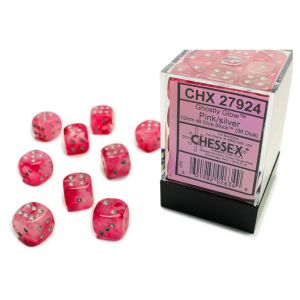 d6 Cube 12mm Ghostly Glow Pink with Silver (36)